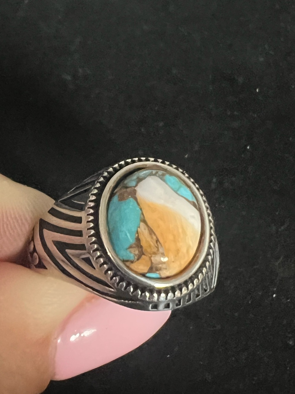 925 STERLING SILVER Turquoise & Spiny Oyster Statement Ring
